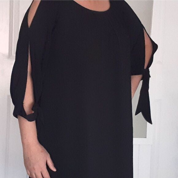 TYCHE Womens Relax Fit Crepe Lined Solid Black Open TieSleeves Shift Mini Dress - Picture 11 of 11